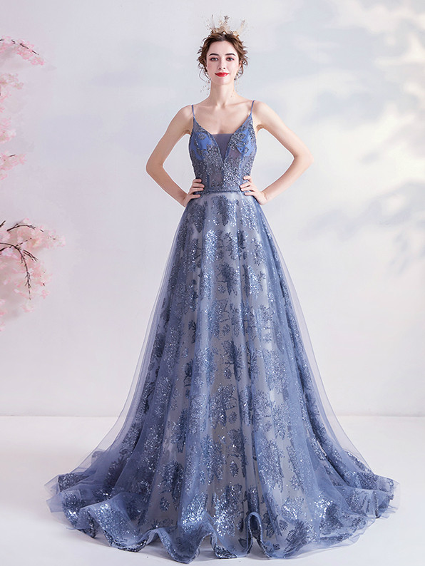 Blue Tulle Lace A-line Scoop Spaghetti Straps Prom Dresses, Evening Dress Y1816