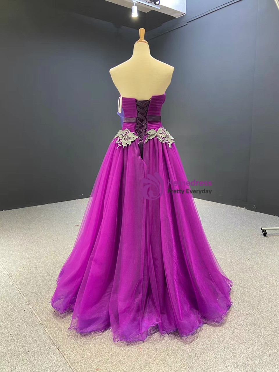 A Line Purple Tulle Sweetheart Pleats Prom Dress 2020 