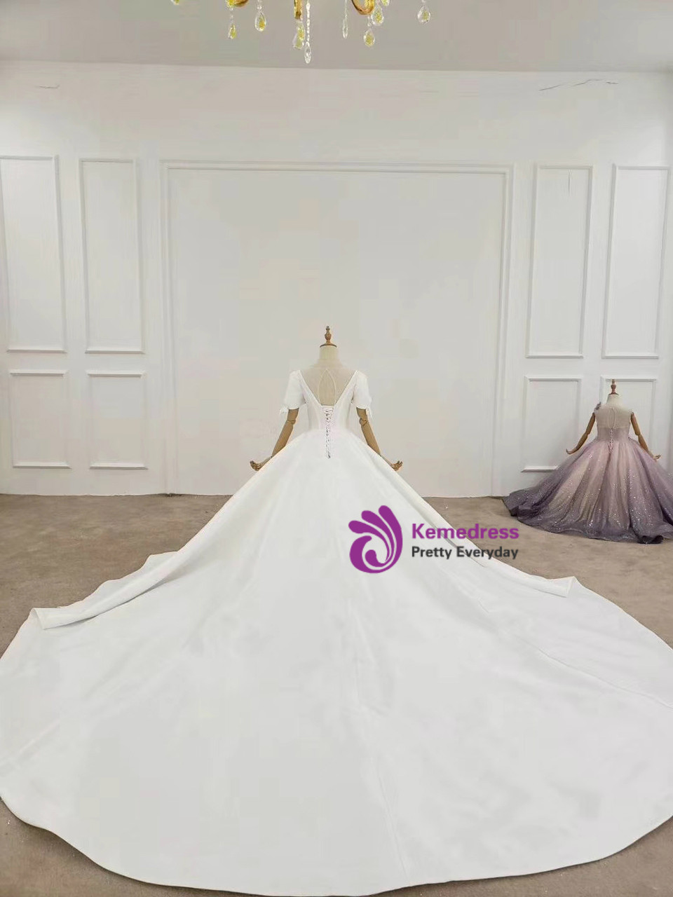 White Ball Gown Satin Long Sleeve Appliques Wedding Dress With Train main image 0