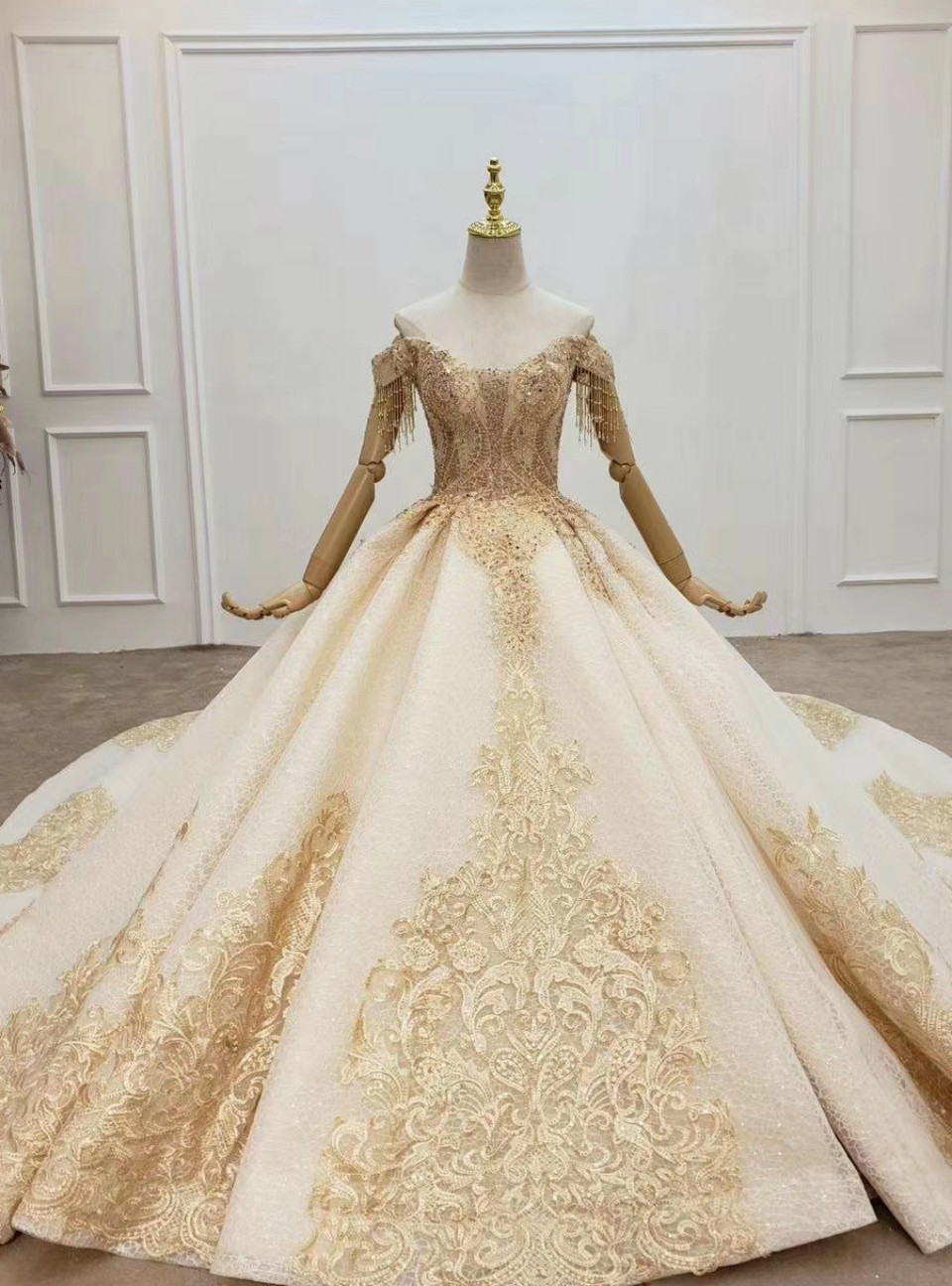 Ball Gown Champagne Tulle Beaded Lace V Back Wedding Flower Girl Dress
