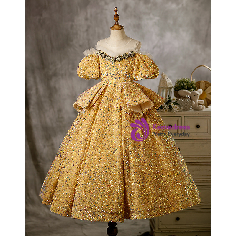 Glitter Sequins Long Sleeves Flower Girls Dress Party Gown