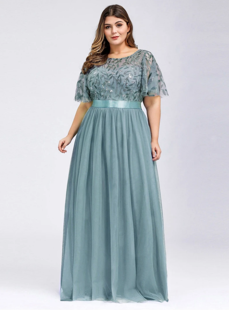 Lace Top and Tulle Skirt Full Length Dress Dusty Blue Plus Size