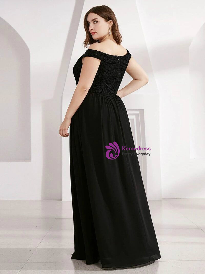 A-line Off-the-Shoulder Corset Applique Satin Chiffon Black Maxi Prom Dress
