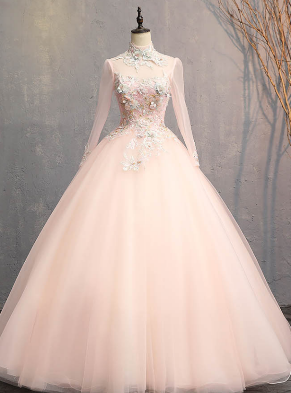 Gray Ball Gown Tulle V-neck Long Sleeve Quinceanera Dress main image 1