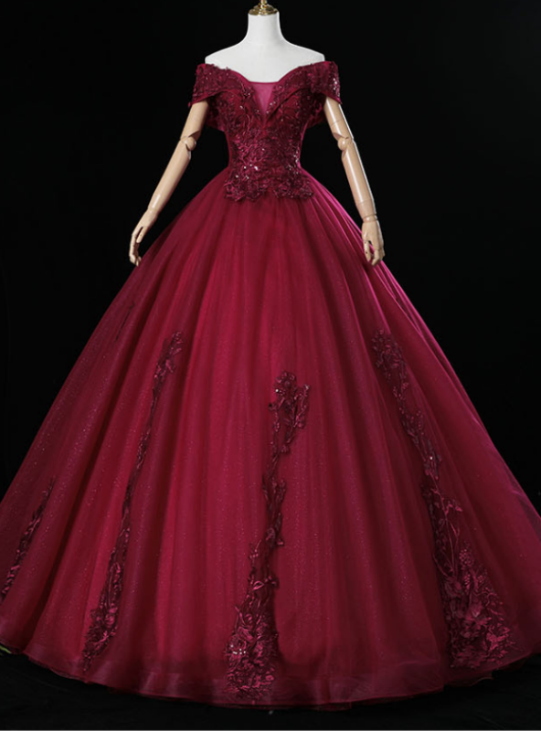 Gorgeous Burgundy Satin Appliques Beaded Quinceanera Dress Vintage Ball Gown cc1697 main image 0