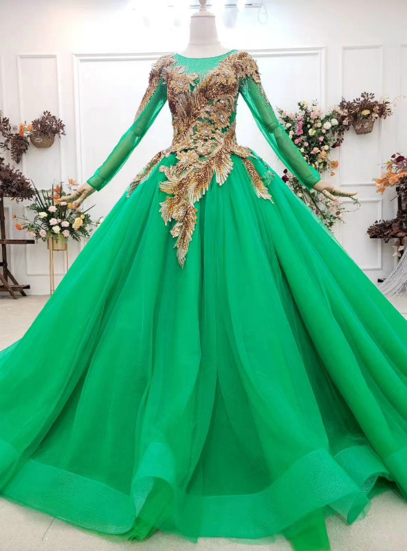 Gold Ball Gown Sequins Green Lace Appliques Long Sleeve Wedding Dress