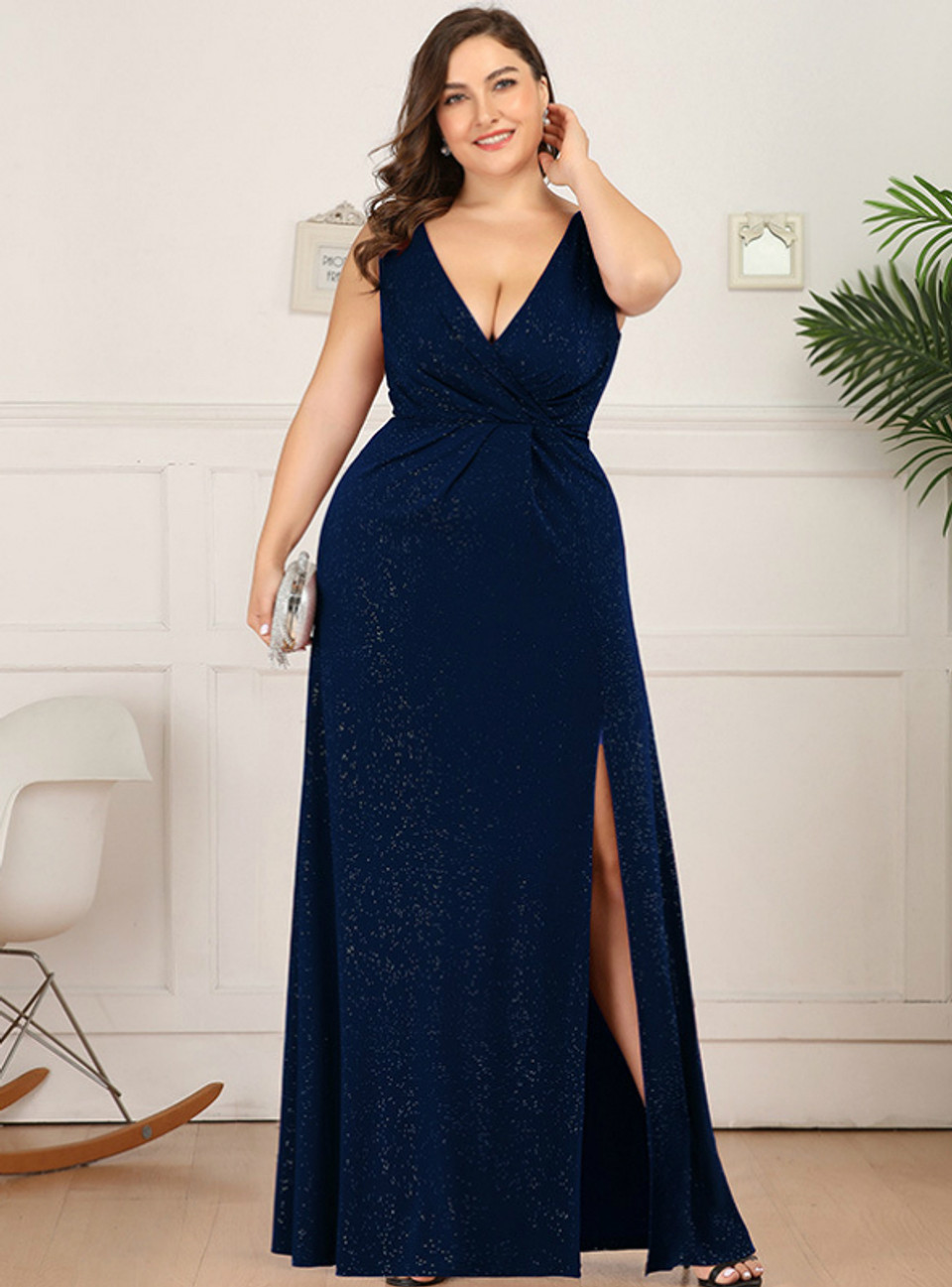 Plus Size Blue Tulle Lace Appliques Prom Dress