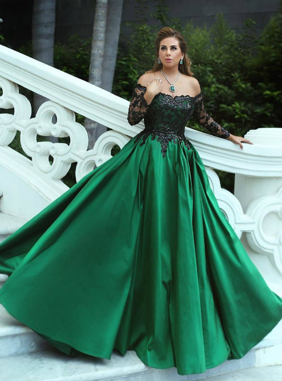 Off The Shoulder Green Satin Prom Ball Gowns With Black Lace Long Sleeves 2018