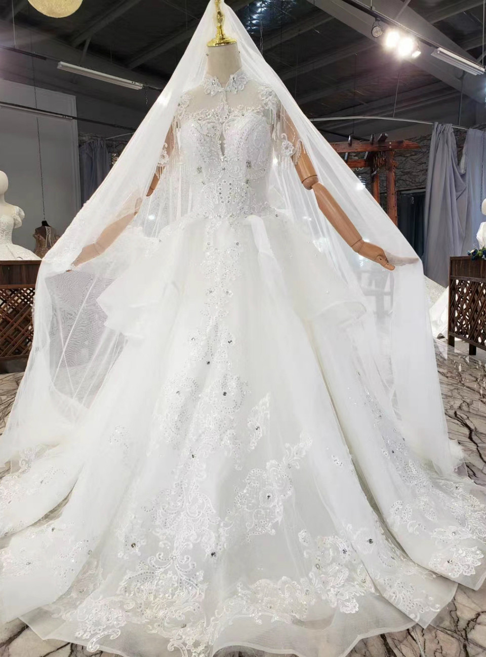 Halter Neck Beaded Collar Tulle Gown Sky Blue main image 1