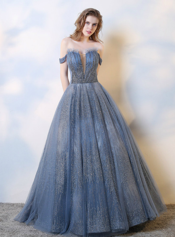 Off-Shoulder Ball Gown Navy Satin Prom Dress With Bow