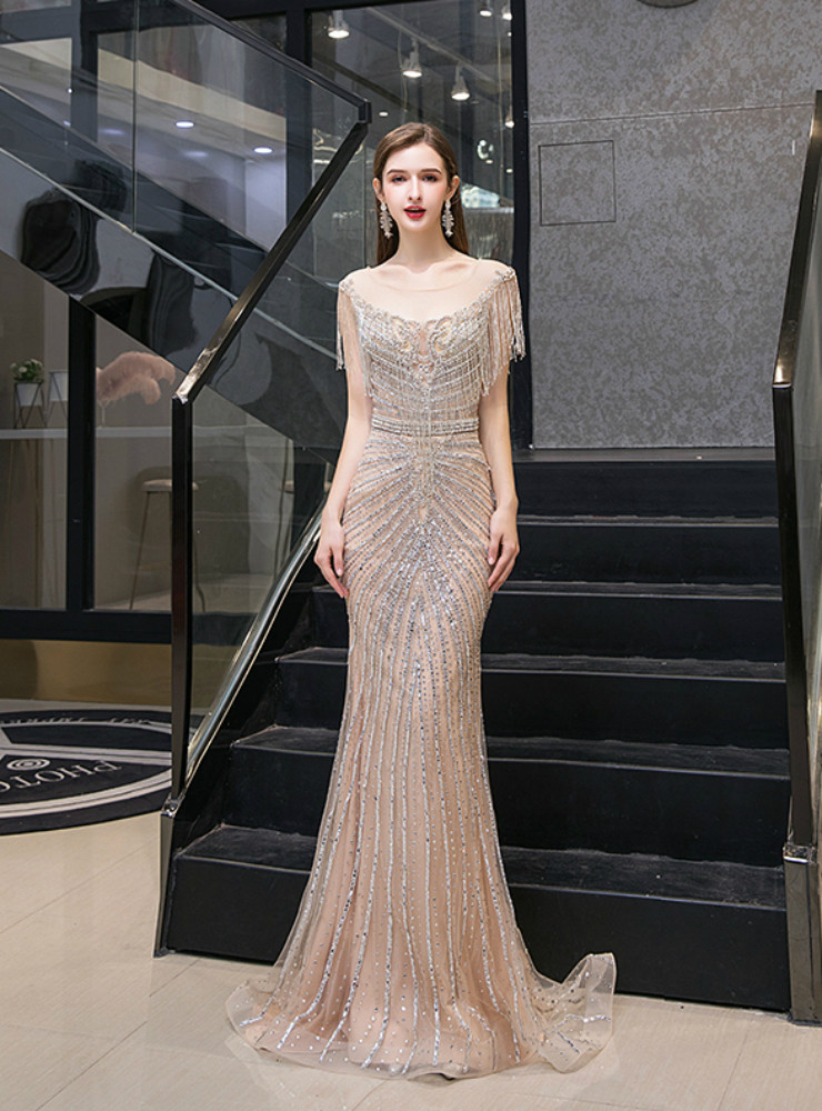 Mermaid Cap Sleeves Organza Rhinestone Long Prom Dresses LBQ1654