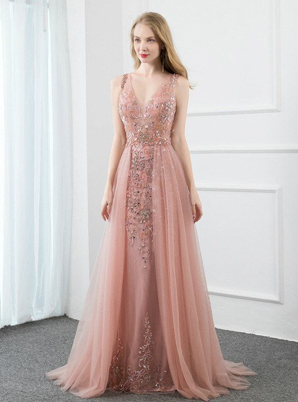 A-Line Strapless Sleeveless Pleated Sequins Appliques Pink Tulle Prom Dress WU1607