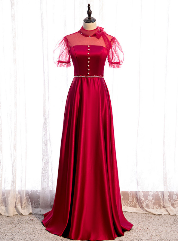 A-Line Floor Length Cowl Neck Classic Satin Dress Burgundy