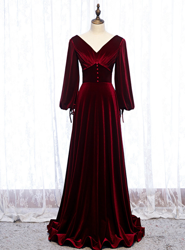 V-neck Floor-length Sheath Velvet Dress With Slit Burgundy