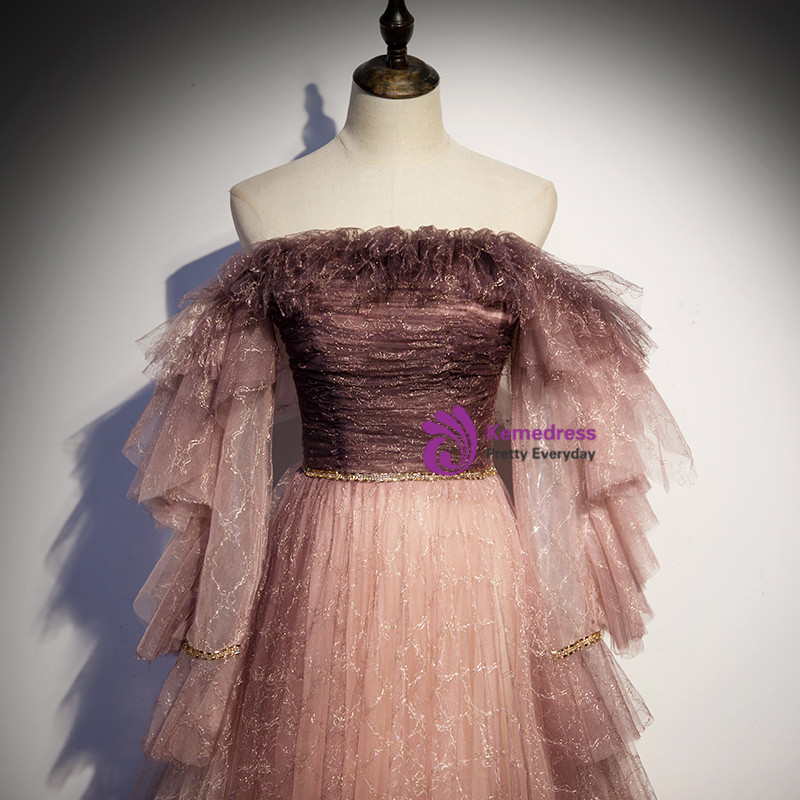 Pink Tulle Sequins Off The Shoulder Prom Dress