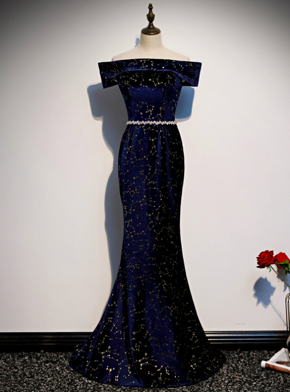 Off the Shoulder Long Sleeves Mermaid Black Velvet Prom Dresses LBQ1401 main image 1