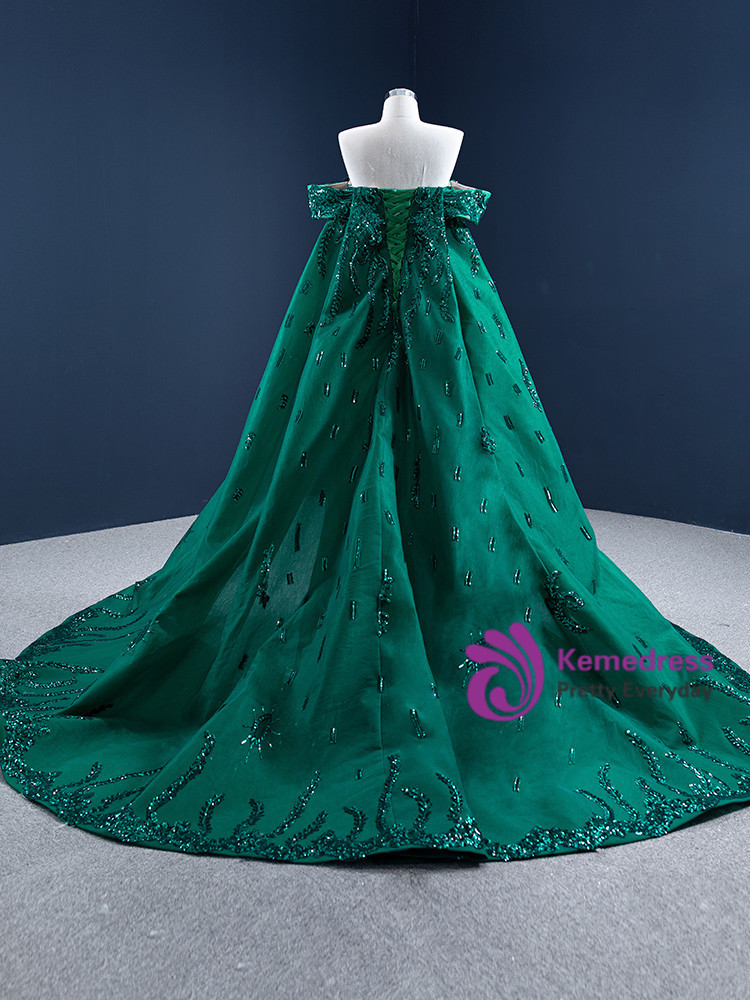 Elegant Green Off The Shoulder Satin Sequins Prom Dress,Long Slit Mermaid Evening Dress Y8527 main image 1