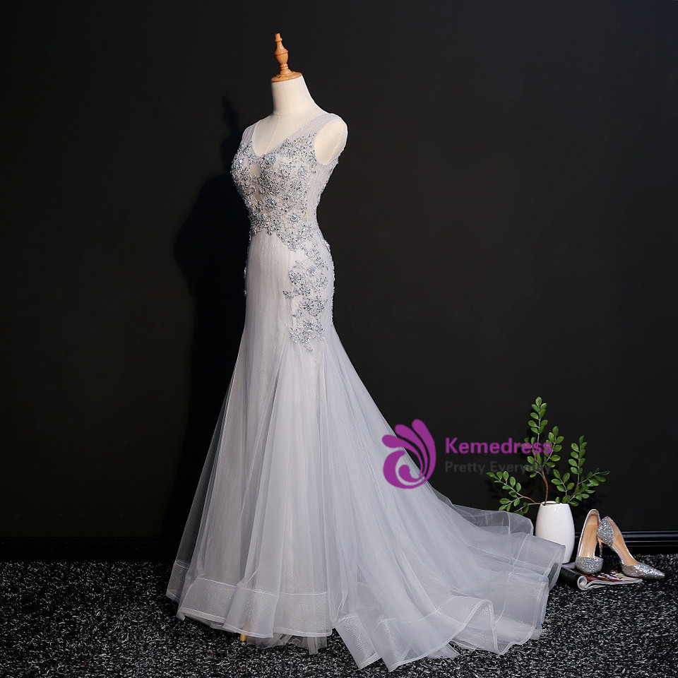 Mermaid V Neck Ivory Tulle Prom Dress with Appliques LBQ3330 main image 1
