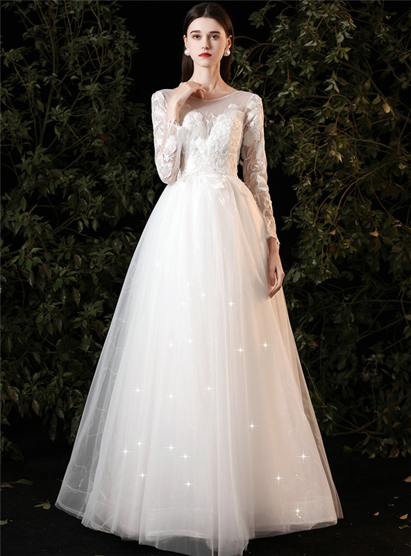 Elegant Long Sleeves A-line Applique Tulle White Wedding Dresses, WD0536