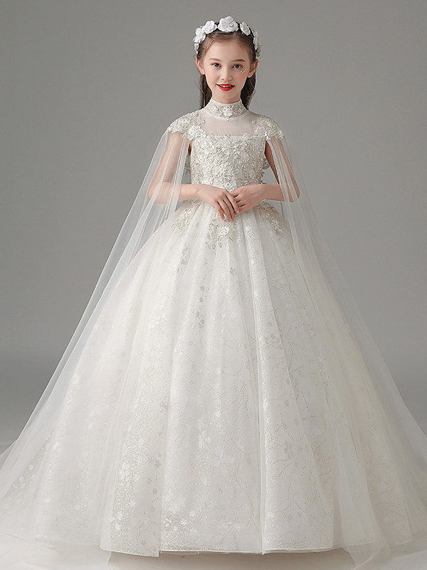 White Sequins High Neck Flower Girl Dress