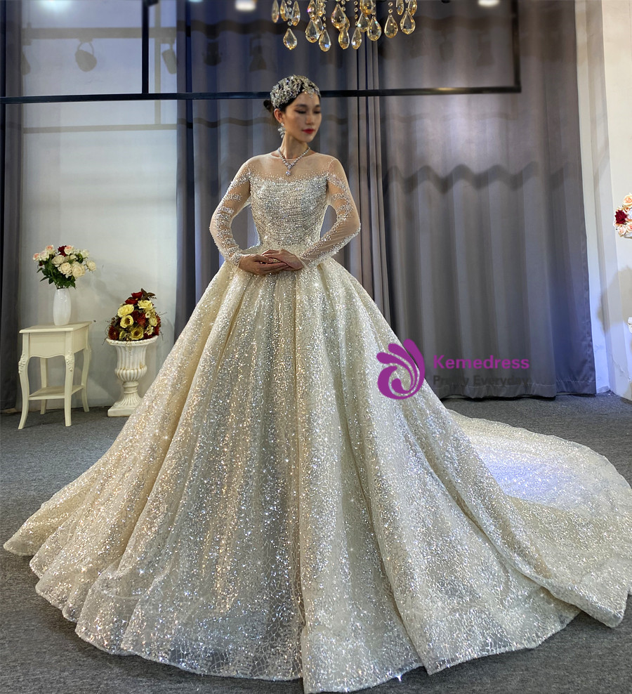 Champagne Sequins Backless Long Sleeve Beading Wedding Dress