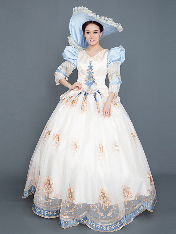 Blue Satin Print Long Sleeve Rococo Baroque Dress