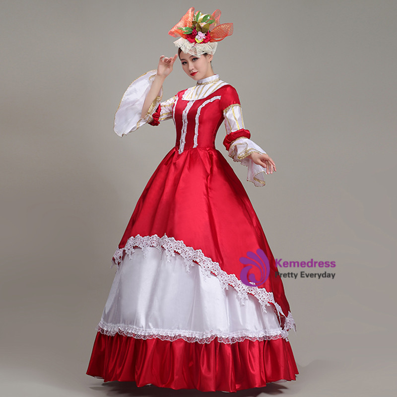 Red White Satin Lace Long Sleeve Rococo Baroque Dress