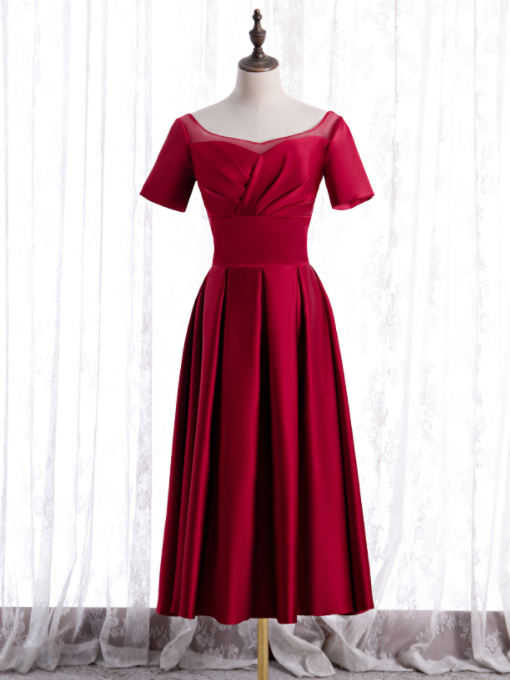 Burgundy Sheath Satin Tulle Appliques Short Sleeve Short Formal Prom Dress main image 0
