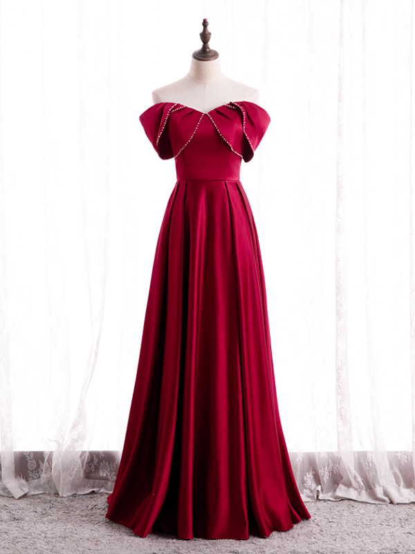 Burgundy Off The Shoulder A Line Pleats Prom Dresses LBQ1765 main image 1