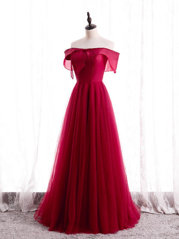 Stunning Fuchsia Off-Shoulder A-Line Prom Dress with Delicate Beading Embellishments