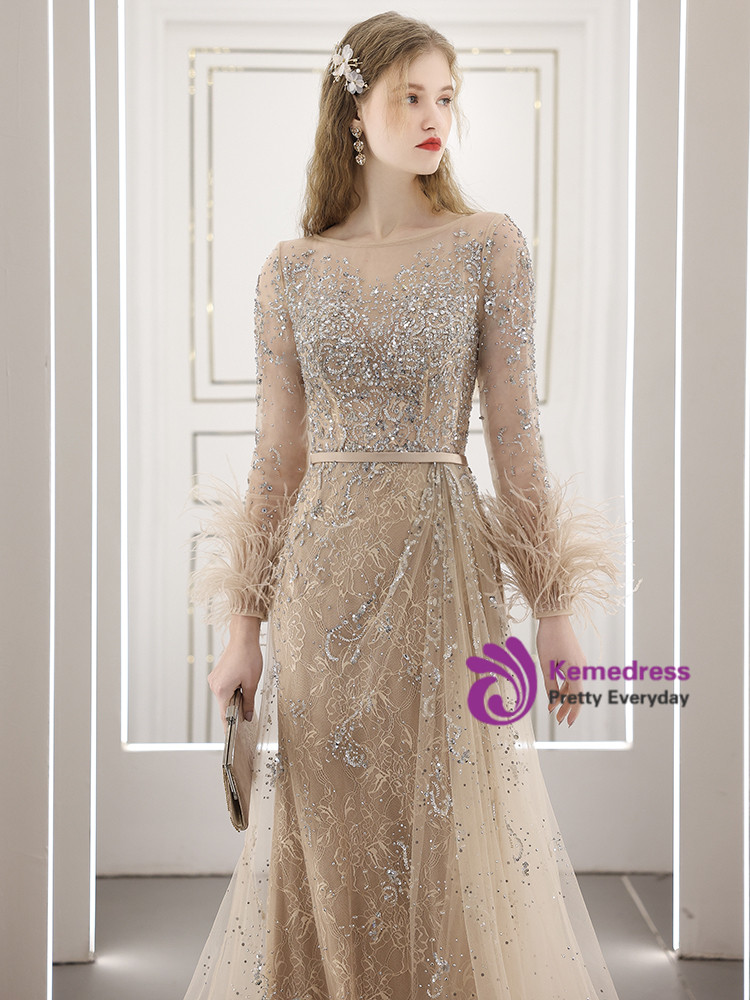 Two Piece Champagne Bateau Open Back Tulle Prom Dress with Sequins LBQ0033
