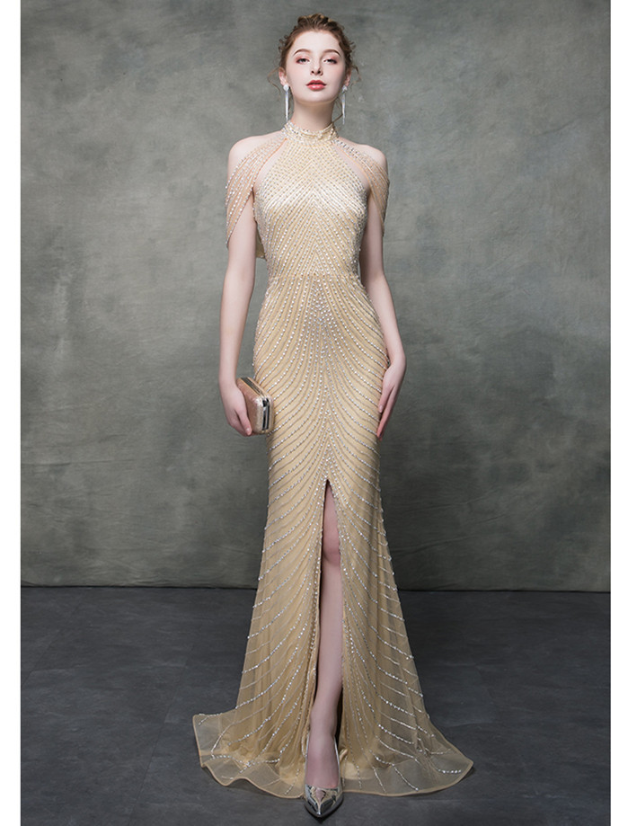 Glamorous Silver Strapless Mermaid Crystal Prom Dress
