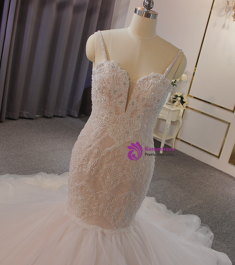 Vintage Mermaid Spaghetti Straps Tulle Lace With Veil Long Wedding Dresses C4010 main image 0