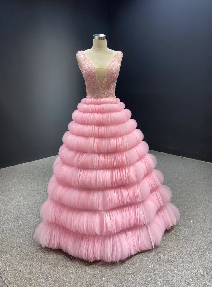 Sleeveless One Shoulder Tulle Pleated Dress Pearl Pink Plus Size