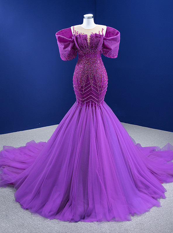 Beading Trumpet Mermaid Hot Pink Ruffles V Neck Prom Dress