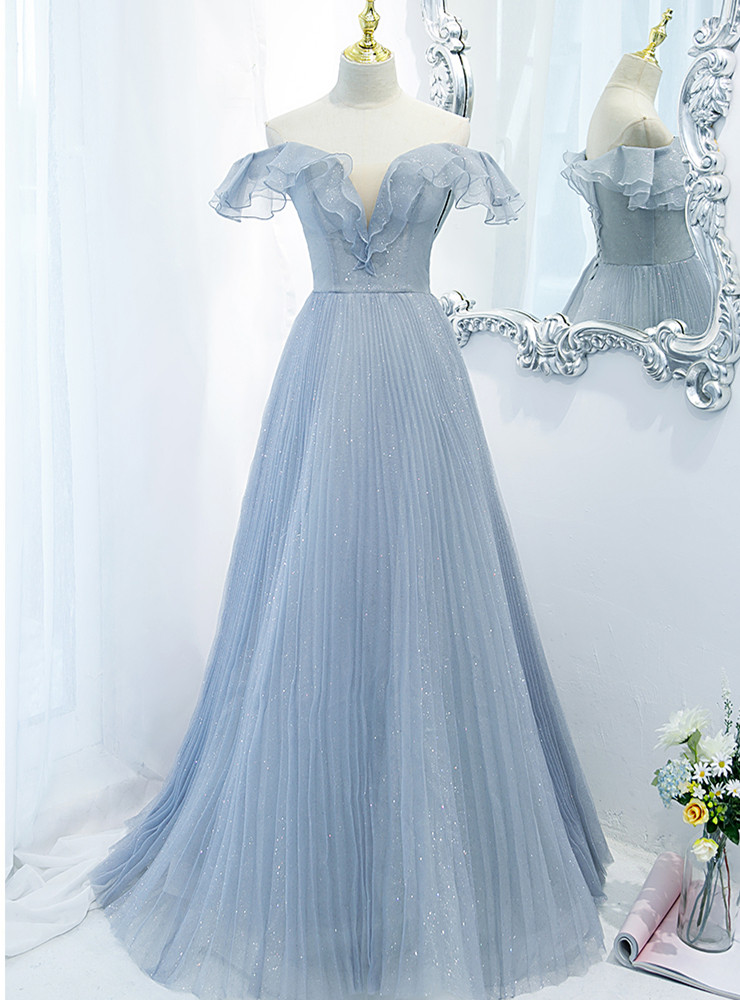 Silver Sequins Off the Shoulder Pleats Prom Dress main image 1