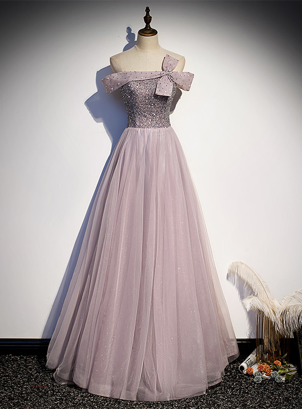 Light Purple Tulle Sequins Straps Beading Prom Dress main image 1