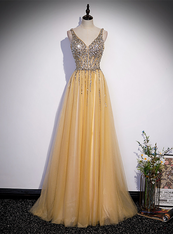 Appliques Beading V-Neck Pink Tulle Prom Dress