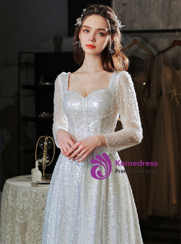 Silver Sequins Long Sleeve Split Prom Dres main image 1