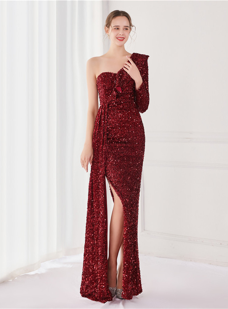 18323 Burgundy One Shoulder Sequins Slit Dress