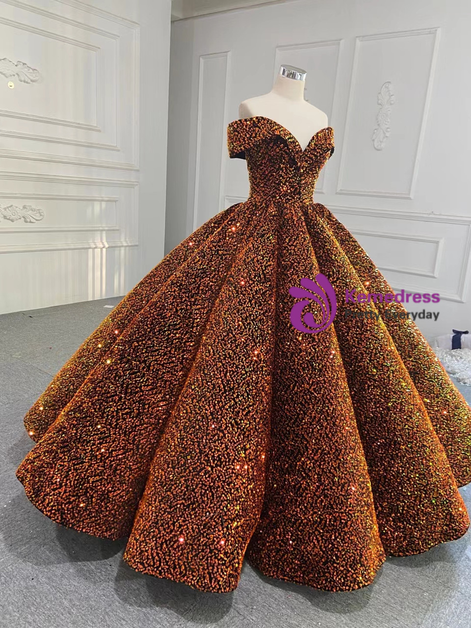Orange Organza Off-shoulder Prom Custom Ball Gown Formal Dress main image 0