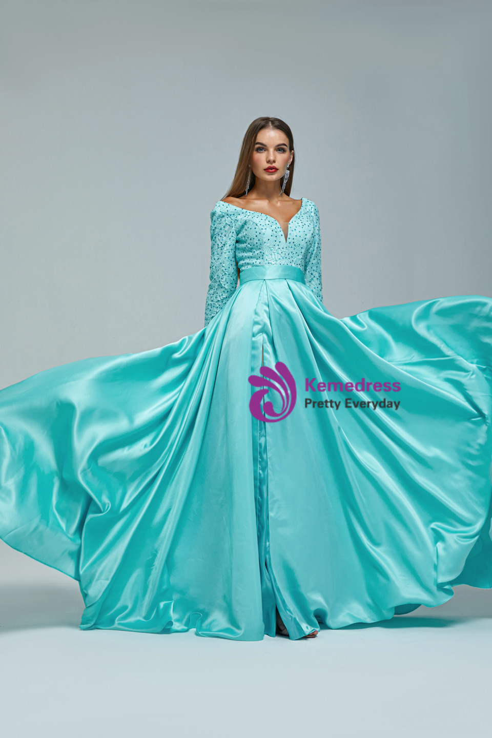 Blue Satin V-neckline Short Sleeves Long Formal Dress, Blue Satin Prom Dress
