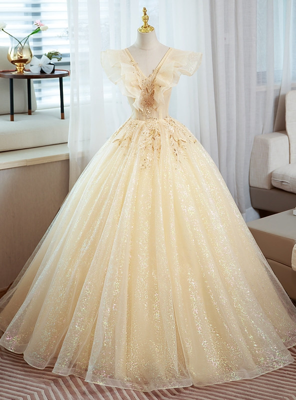 V-neck Tulle Sequins Short Sleeve Quinceanera Dress main image 1
