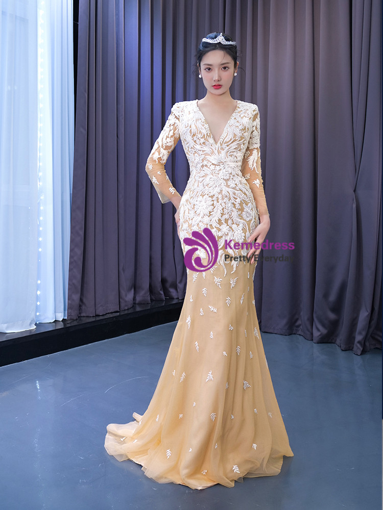 Champagne Tulle Appliques High Neck Long Sleeve Prom Dress