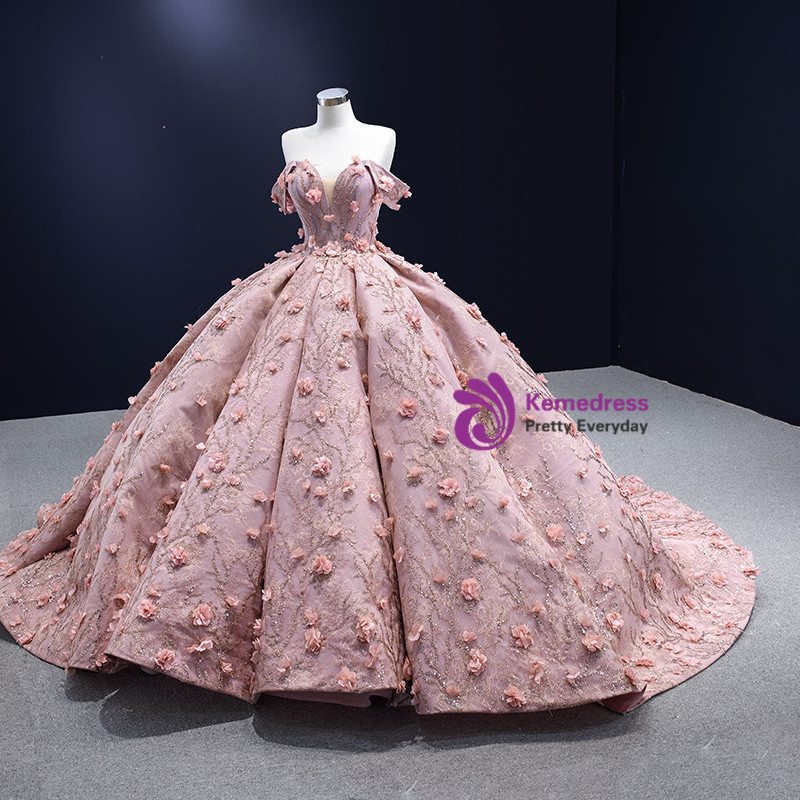 Sweet Tulle Ruffles Appliques Evening Dress,Pink Slit Off Shoulder Prom Dress Y8359 main image 1