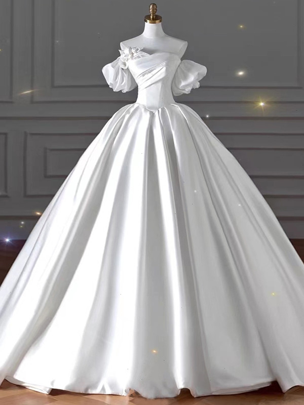 Simple White Mermaid One Shoulder Satin Lace Pleats Wedding Dress