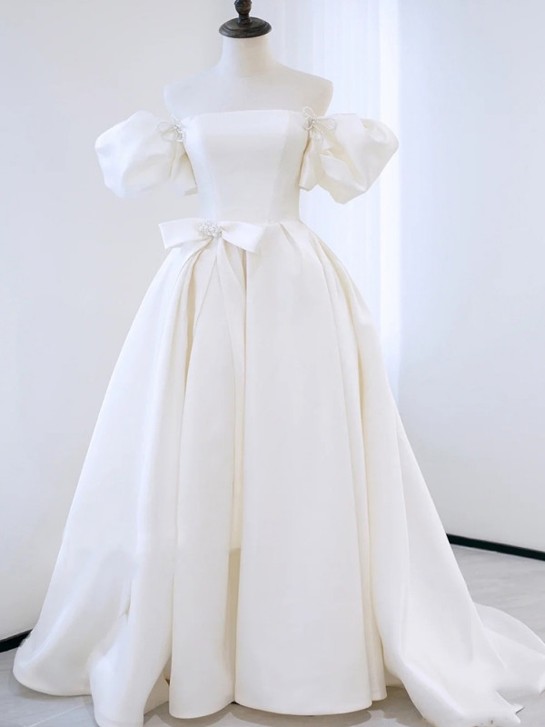 Cap Sleeve V-neck Satin Dress With Pocket White