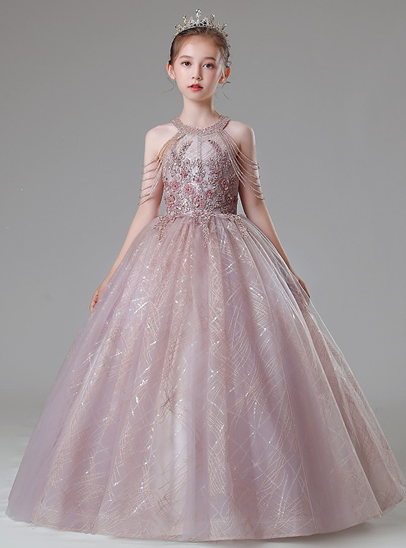 Lace Cap Sleeve Satin Long Flower Girl Dress with Bow Jade
