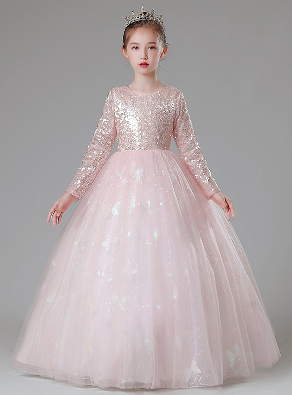 Long Sleeve Flower Girl Dress with Sequins for a Tea Length Look
