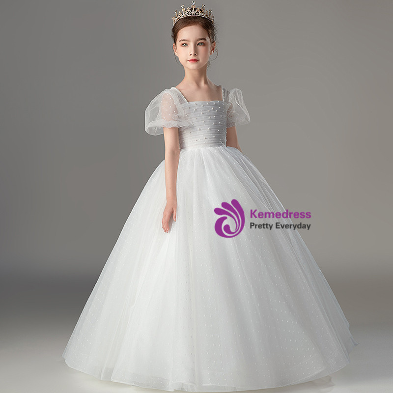 Princess Puffy Tulle Flower Girl Dress - White